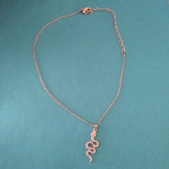 Gold Colored Snake Charm Necklace with Rhinestones 18" - Picture 4 of 5